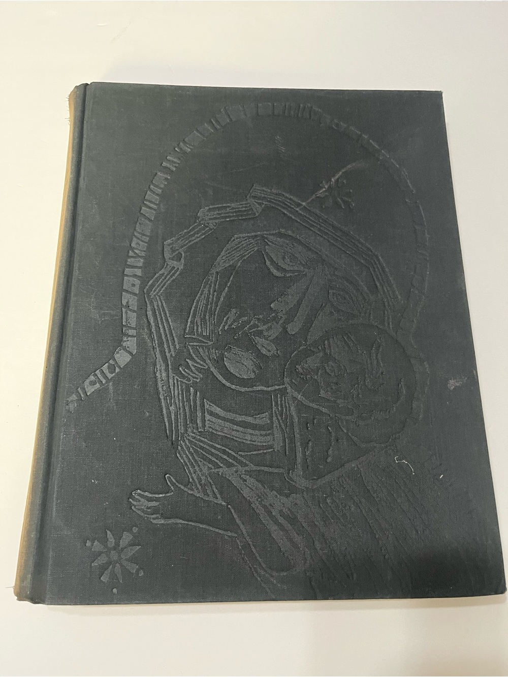 Embossed Madonna & Child Decorative Cover in Black School Blue mantle